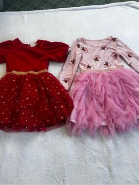 Set of 2 Toddler Girl Dresses- Pink Unicorn + Red Gold Star Tutu Size 5T